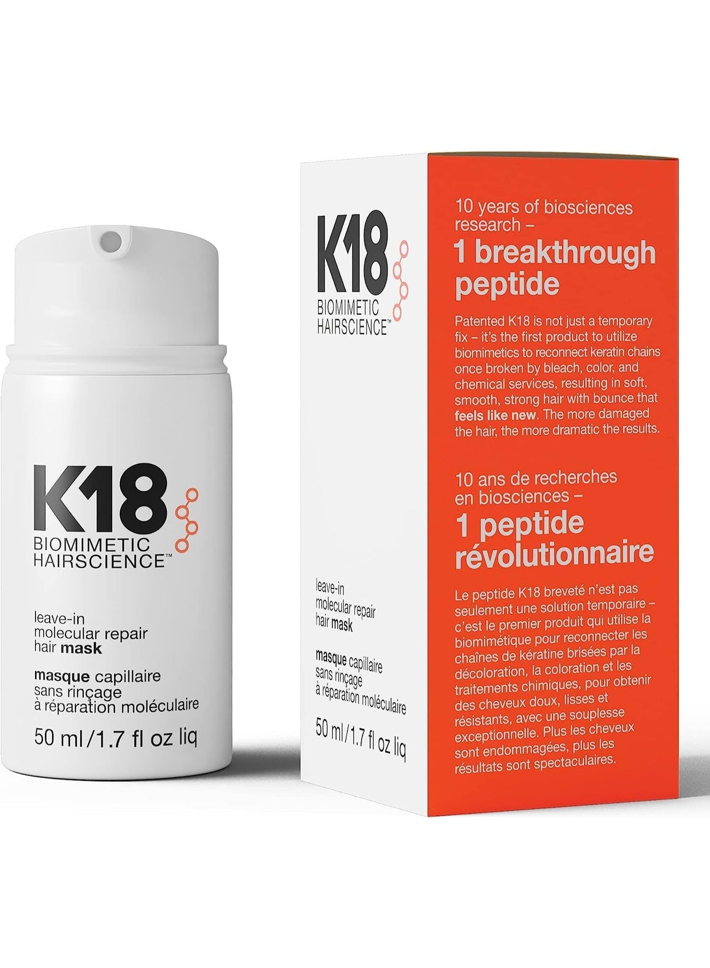 K18 Hair Mask Biomimetic Hairscience Leave-In Molecular Repair Hair Mask, 4-Minute Speed Treatment (50ml)